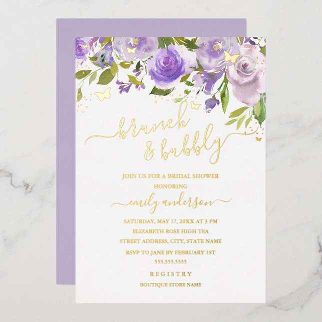 Purple Gold Watercolor Brunch And Bubbly  Foil Invitation (Front/Back)