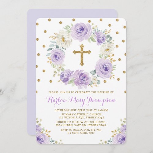 Purple Gold Watercolor Floral Baptism Christening Invitation