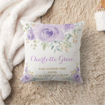 Purple Gold Watercolor Floral Birth Stats Nursery Throw Pillow