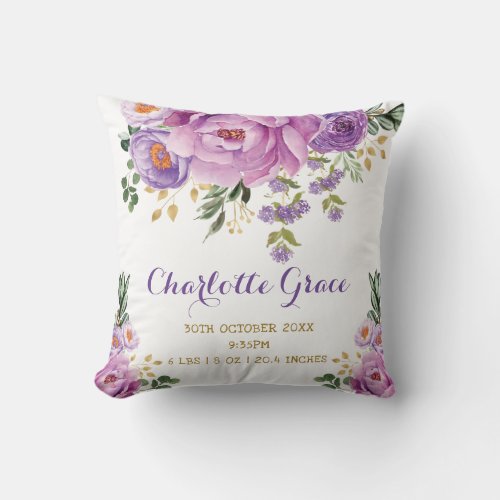 Purple Gold Watercolor Floral Birth Stats Nursery Throw Pillow