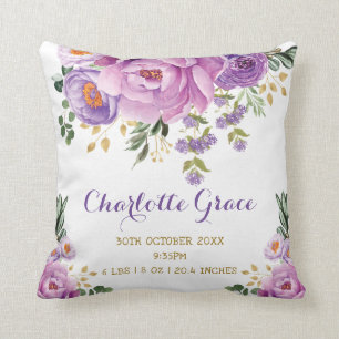 Purple Gold Watercolor Floral Birth Stats Nursery Throw Pillow