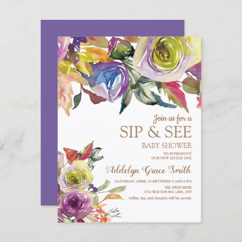 Purple Gold Watercolor Floral  Sip See Baby Shower Invitation