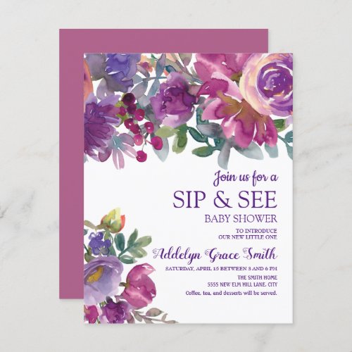 Purple Gold Watercolor Floral Sip See Baby Shower Invitation