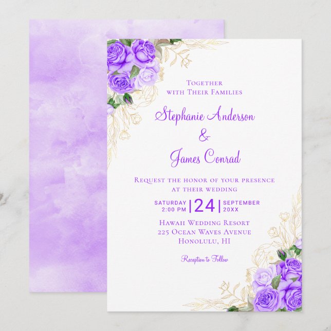 Purple Gold Watercolor Floral Wedding Invitation (Front/Back)