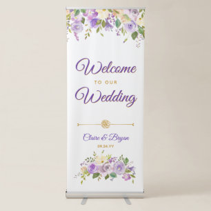 Purple Gold Watercolor Floral Wedding Welcome Retractable Banner