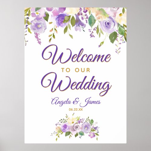 Purple Gold Watercolor Floral Welcome to Wedding Poster