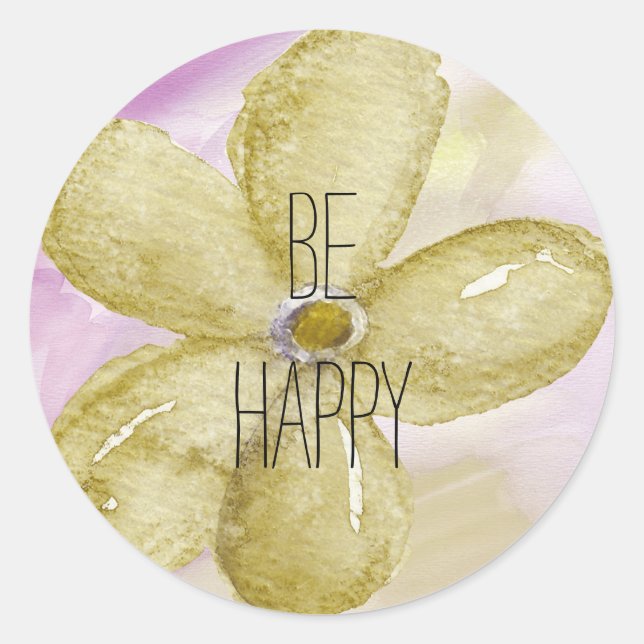 Purple Gold Watercolor Happy flower Classic Round Sticker (Front)