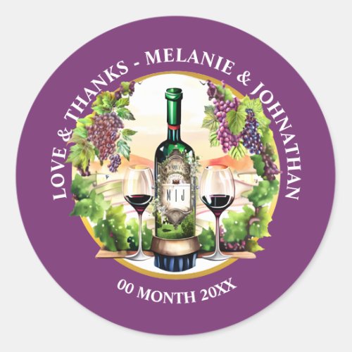 Purple gold watercolor wine bottle grapes winery  classic round sticker