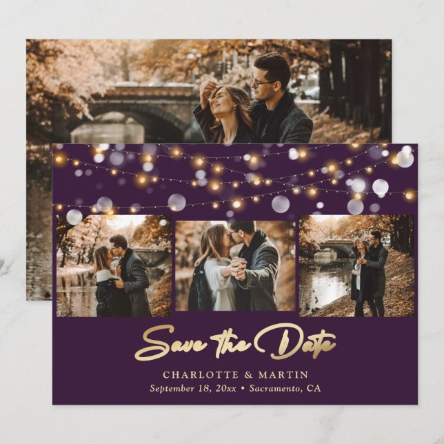 Purple Gold Wedding 4 Photo Collage Save The Date (Front/Back)