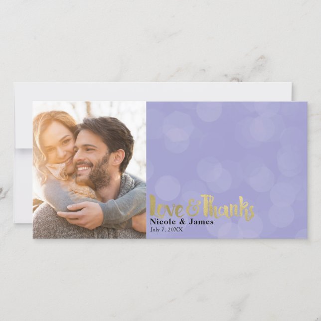 Purple Gold Wedding Photo Love & Thanks Thank You Card (Front)