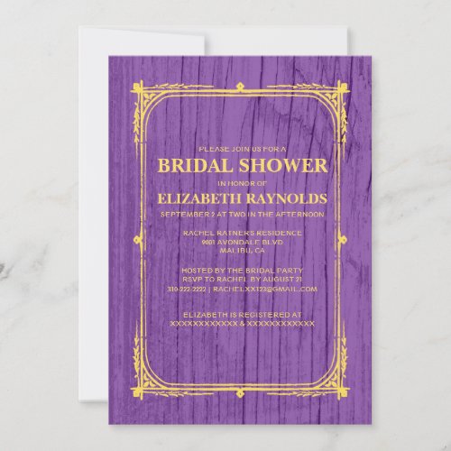 Purple Gold Western Barn Wood Bridal Shower Invite