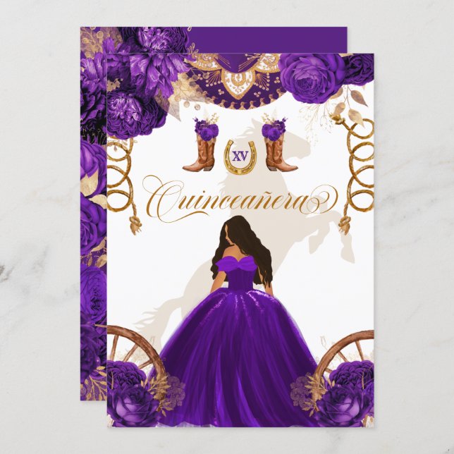 Purple Gold Western Charro 2-Sided Quinceanera Invitation (Front/Back)