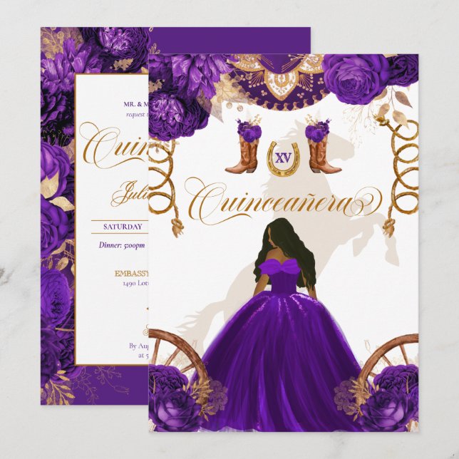 Purple Gold Western Charro 2-Sided Quinceanera Invitation (Front/Back)