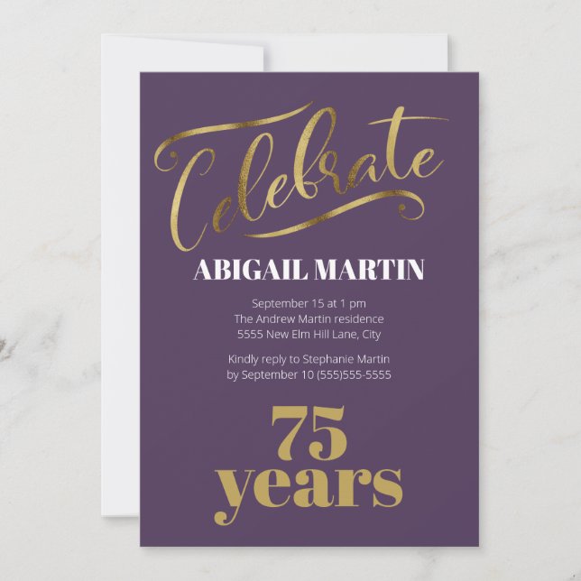 Purple Gold White 75th Birthday Party Invitation (Front)