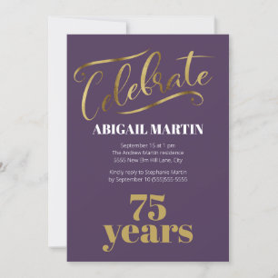 Purple Gold White 75th Birthday Party Invitation