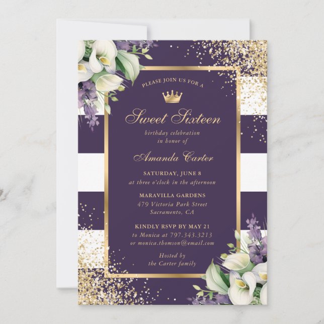 Purple Gold White Calla Lily Sweet 16 Birthday Invitation (Front)