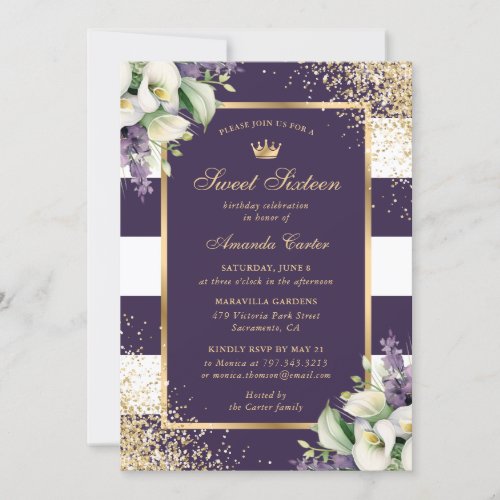 Purple Gold White Calla Lily Sweet 16 Birthday Invitation