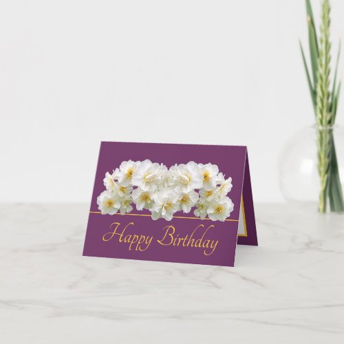 Purple Gold White Daffodil Bouquet Happy Birthday Card