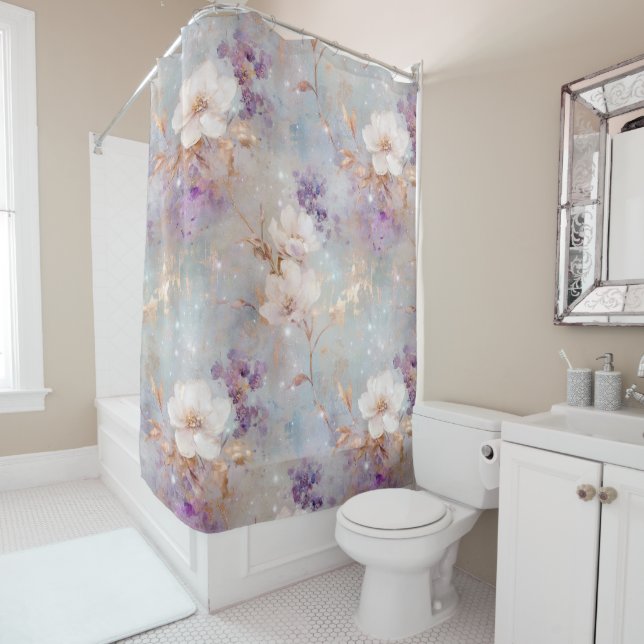 Purple Gold White Floral Shower Curtain (In Situ)