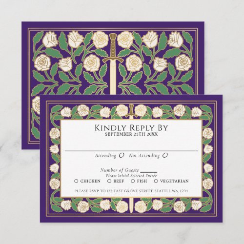 Purple Gold White Floral Sword Royal Wedding RSVP Card