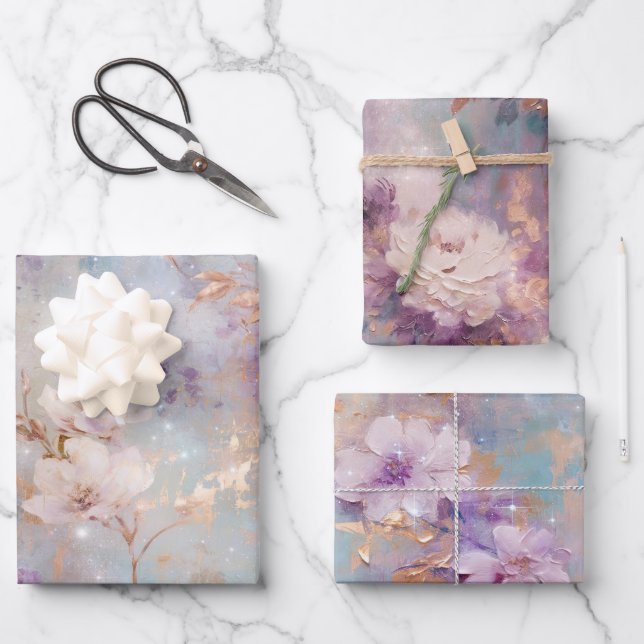 Purple Gold White Floral Wrapping Paper Sheets (Front)