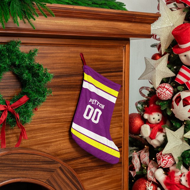 Purple, Gold & White Football Team Personalized Small Christmas Stocking (Creator Uploaded)
