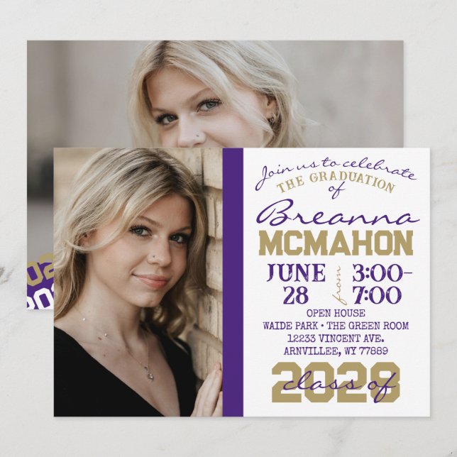 Purple, Gold & White Graduation 2 Photo Invitation (Front/Back)