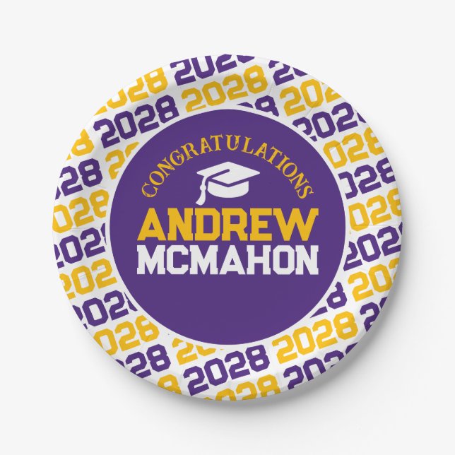 Purple, Gold & White Graduation Personalized Paper Plates (Front)