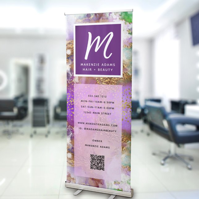 Purple Gold White Green QR Code Agate Monogram Retractable Banner (Creator Uploaded)