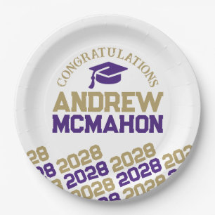 Purple & Gold White Half Repeat Grad Personalized Paper Plates