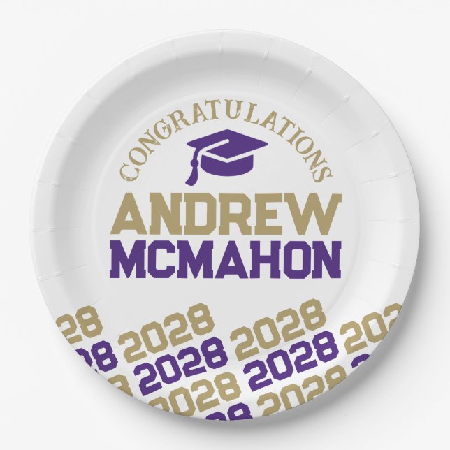Purple & Gold White Half Repeat Grad Personalized Paper Plates (Front)