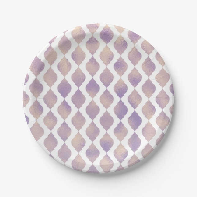 Purple Gold & White Moroccan Modern Custom Party Paper Plates (Front)