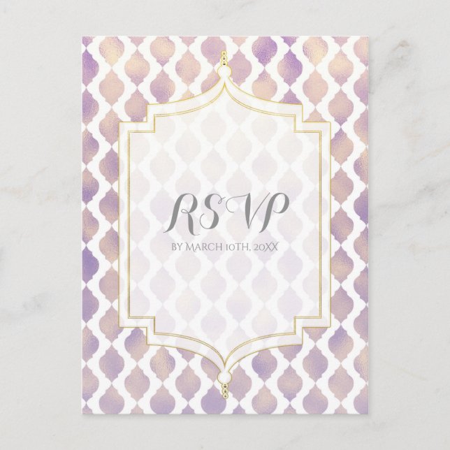 Purple Gold & White Moroccan Modern Wedding RSVP Invitation Postcard (Front)