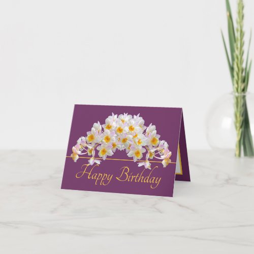 Purple Gold White Orchid Bouquet Happy Birthday Card
