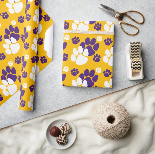 Purple, Gold & White Pawprint  Wrapping Paper (Crafts)