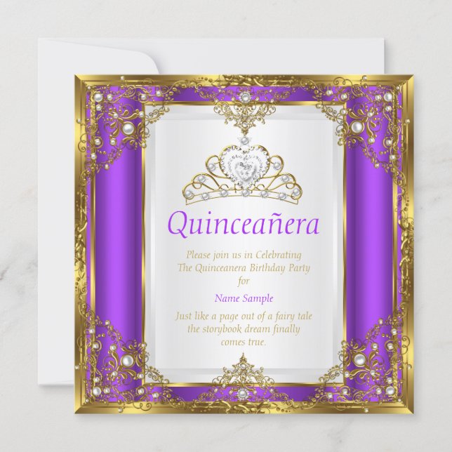 Purple Gold White Pearl Princess Quinceanera Invitation (Front)