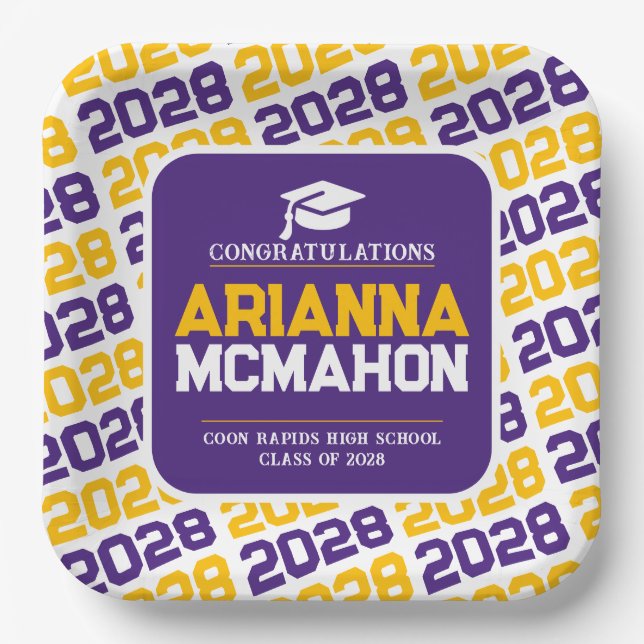 Purple, Gold & White Personalized Graduation Pape Paper Plates (Front)
