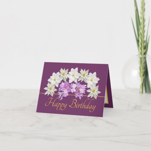 Purple Gold White Purple Bouquet Happy Birthday Card