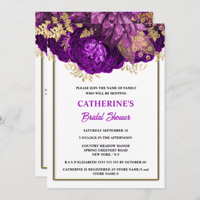 Purple gold white rose watercolor bridal shower invitation (Front/Back)
