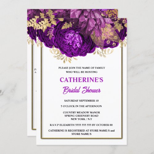 Purple gold white rose watercolor bridal shower invitation