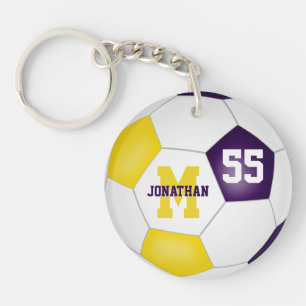 purple gold white team colors soccer bag tag keychain