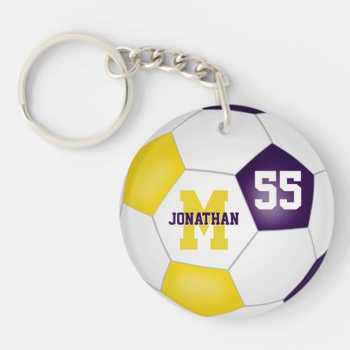 purple gold white team colors soccer bag tag keychain