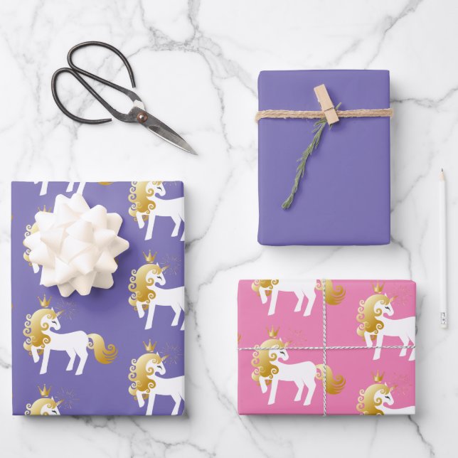 Purple Gold White Unicorn Birthday Wrapping Paper Sheets (Front)