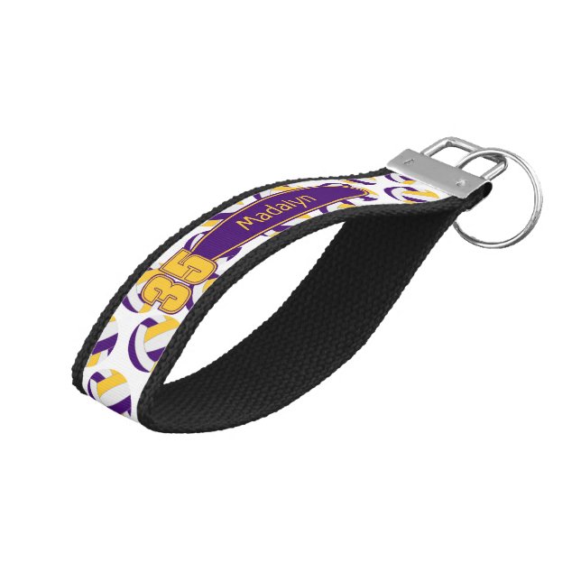 purple gold white volleyballs athlete name wrist keychain (Angled Up)