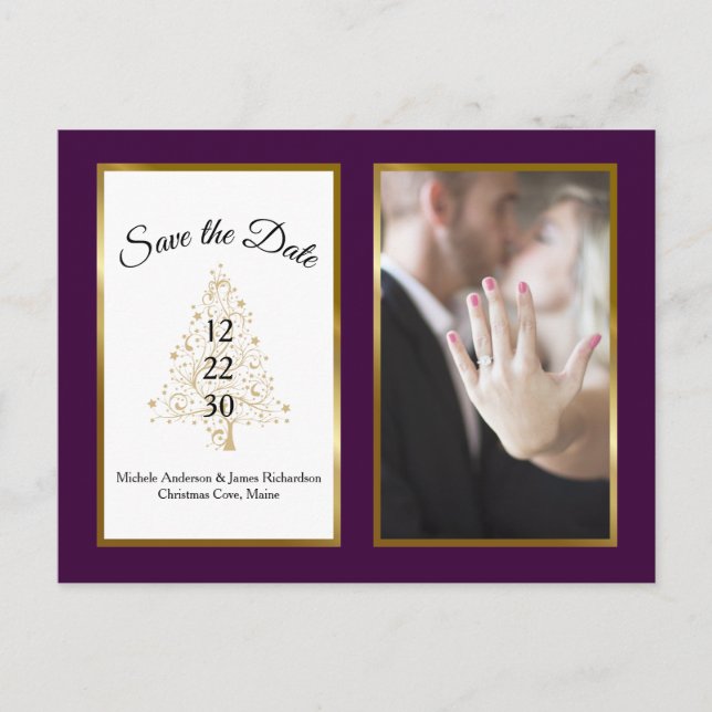 Purple Gold Winter Wedding Save The Date Photo Announcement Postcard (Front)