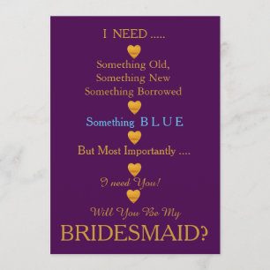 Purple & Gold with Heart Will You Be my Bridesmaid Invitation