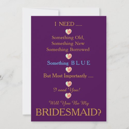 Purple  Gold with Heart Will You Be my Bridesmaid Invitation