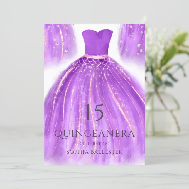 Purple & Gold Wonderful Mermaid Dress Quinceanera Invitation (Standing Front)