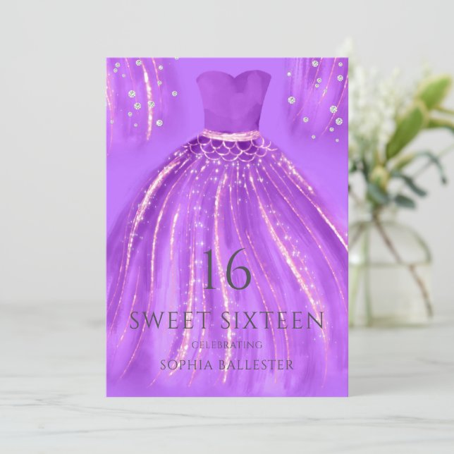 Purple Gold Wonderful Mermaid Dress Sweet 16 Party Invitation (Standing Front)