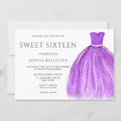 Purple Gold Wonderful Mermaid Dress Sweet 16 Party Invitation (Back)